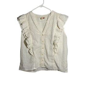 Pilcro Anthropology White Ruffle Sleeve Button-Down Blouse With Textured size sm